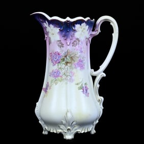Pitcher, Marked R.S. Prussia, Iridescent Tiffany, Pink, Yellow, and White Satin Finish