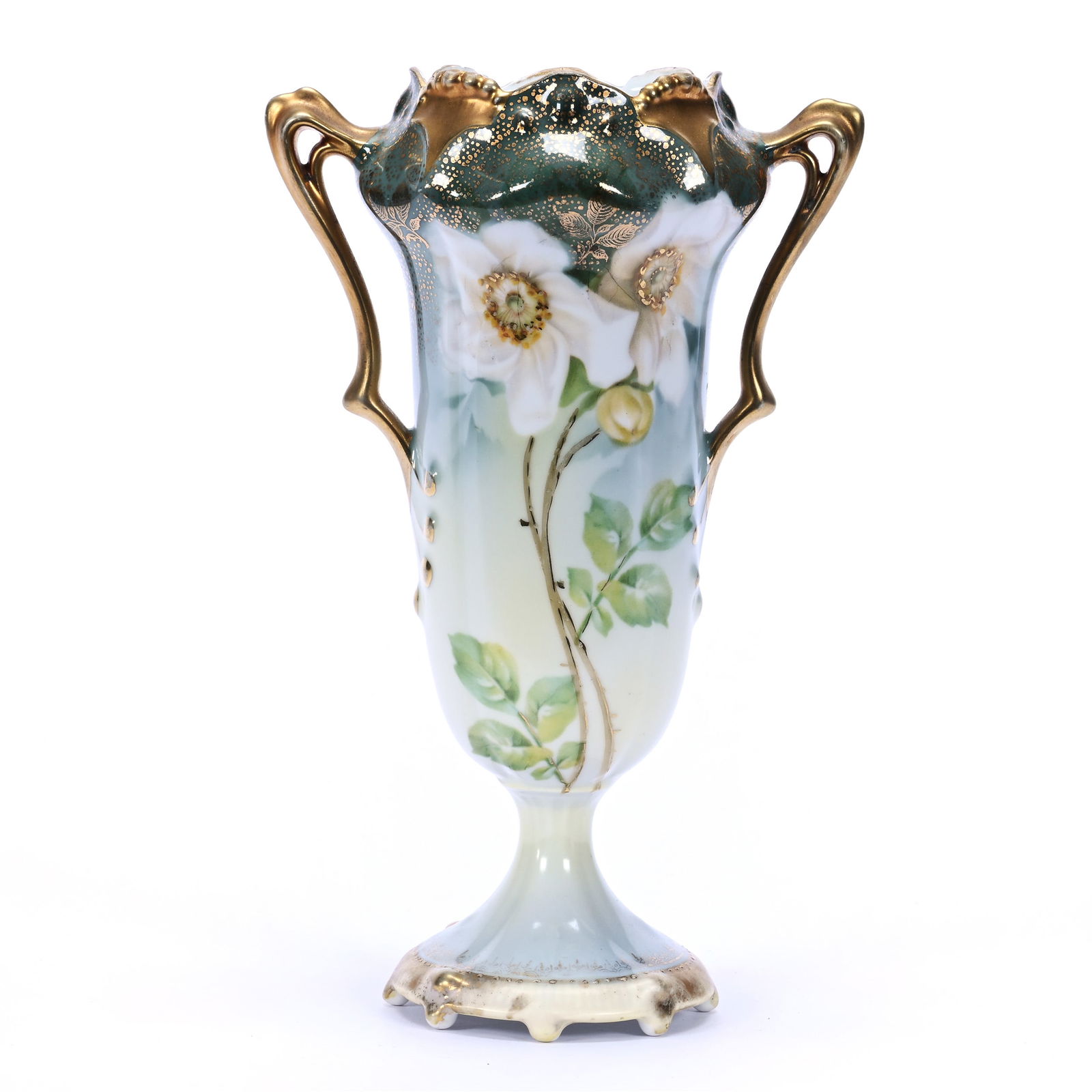 Pedestal Two Handled Vase, Marked R.S. Poland, Gray and Yellow Tones With White Poppy Decor (1 of 3)