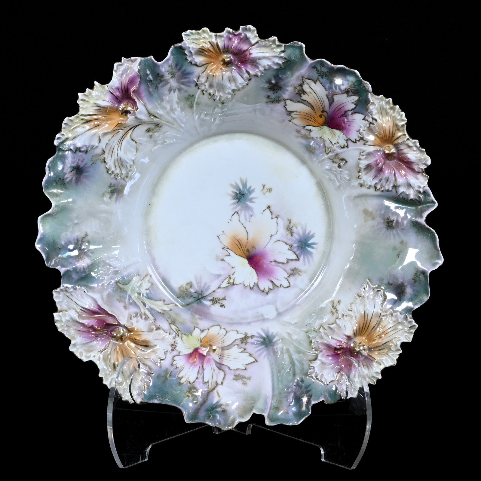 Center Bowl, Unmarked R.S. Prussia, Carnation Mold: Center Bowl, Unmarked R.S. Prussia, Carnation Mold, 15", Green, White, Lavender, And Cream Luster Finish, Stylized Floral Decor, Christine And The Late Bob Welter Collection, Texas.