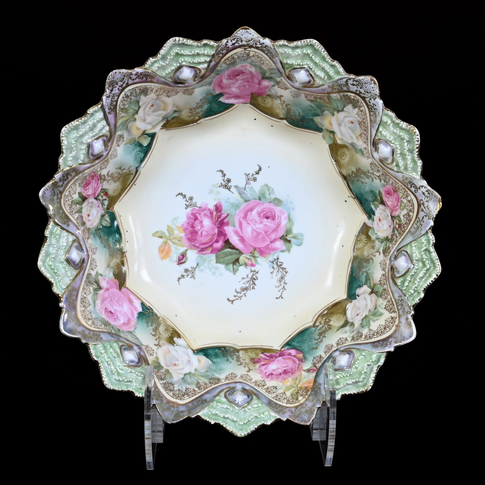 Bowl, Marked R.S. Prussia, Cream and White Center: Bowl, Marked R.S. Prussia, Cream and White Center, 10.5", Green Border With Iridescent Luster Trim, Rose Decor, Christine And The Late Bob Welter Collection, Texas.