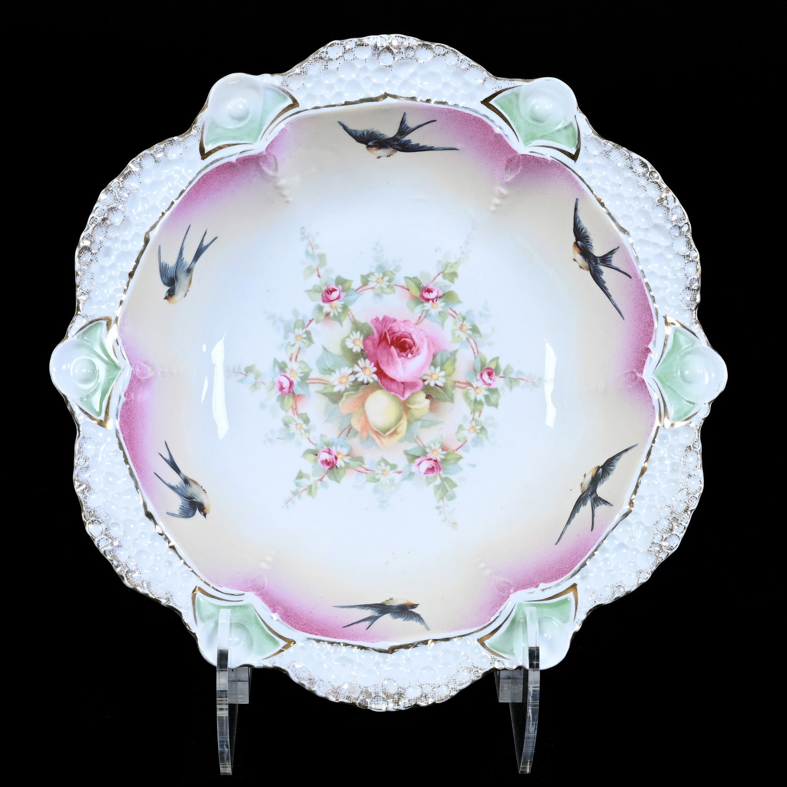 Bowl, Marked R.S. Prussia, Pink, Cream, and White Tones: Bowl, Marked R.S. Prussia, Pink, Cream, and White Tones, 11", Rose Decor And Bluebird Highlights, Christine And The Late Bob Welter Collection, Texas.