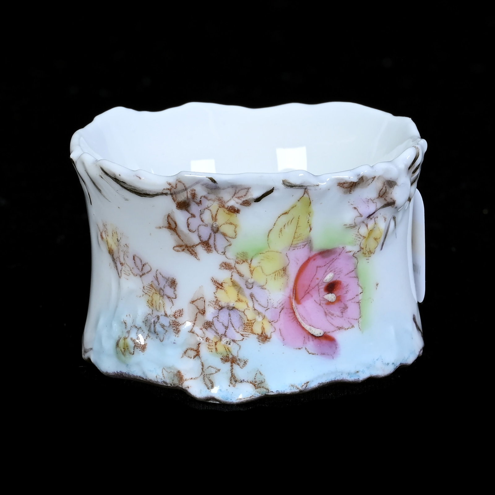 Napkin Ring, Early Unmarked R.S. Prussia: Napkin Ring, Early Unmarked R.S. Prussia, 2" x 1.25", Blue And White Tones With Floral Decor, Rare Form, Tiny Spot Touch Up, Christine And The Late Bob Welter Collection, Texas.