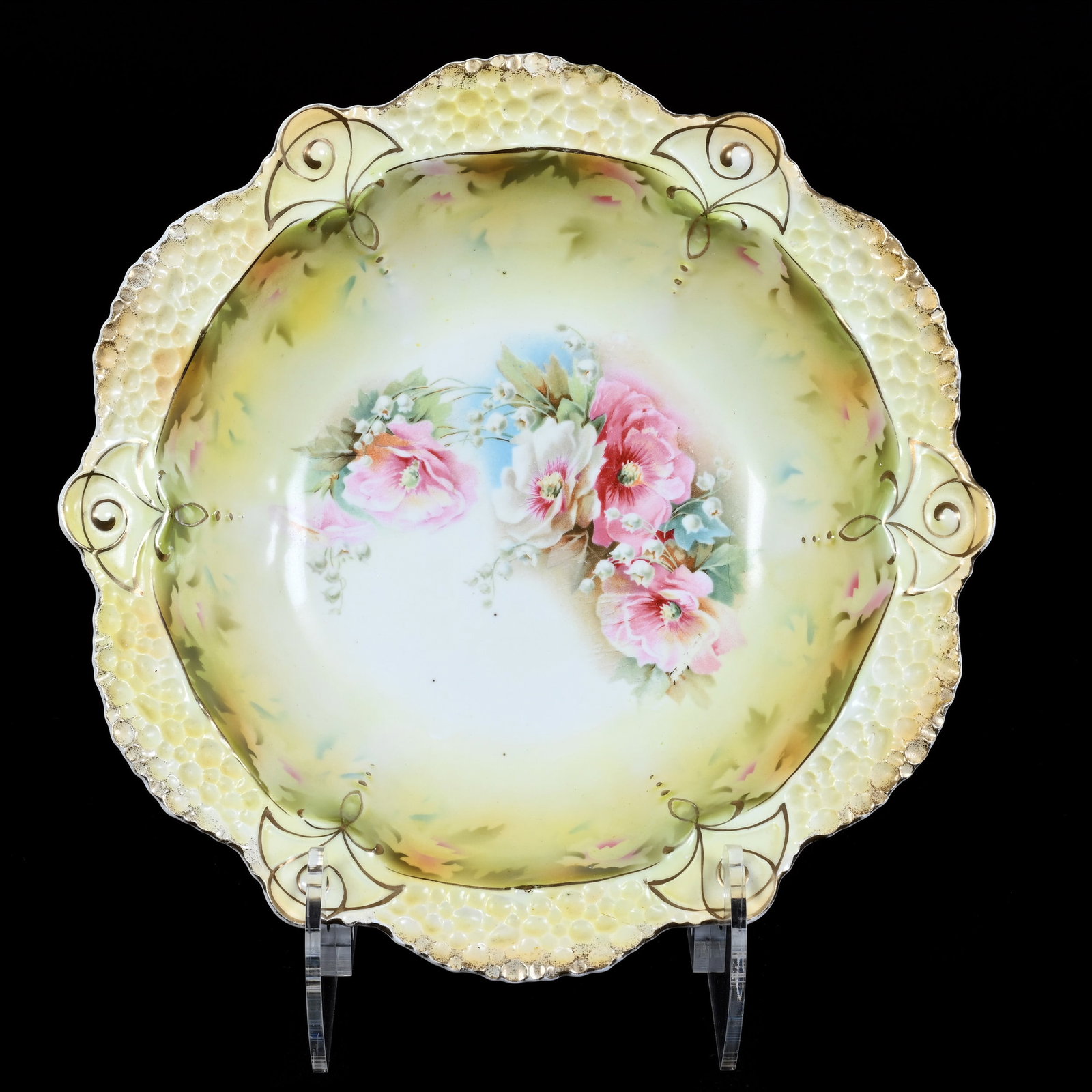 Bowl, Marked R.S. Prussia, Green, Yellow, and White Tones With Floral Decor: Bowl, Marked R.S. Prussia, Green, Yellow, and White Tones With Floral Decor, 11", Christine And The Late Bob Welter Collection, Texas.