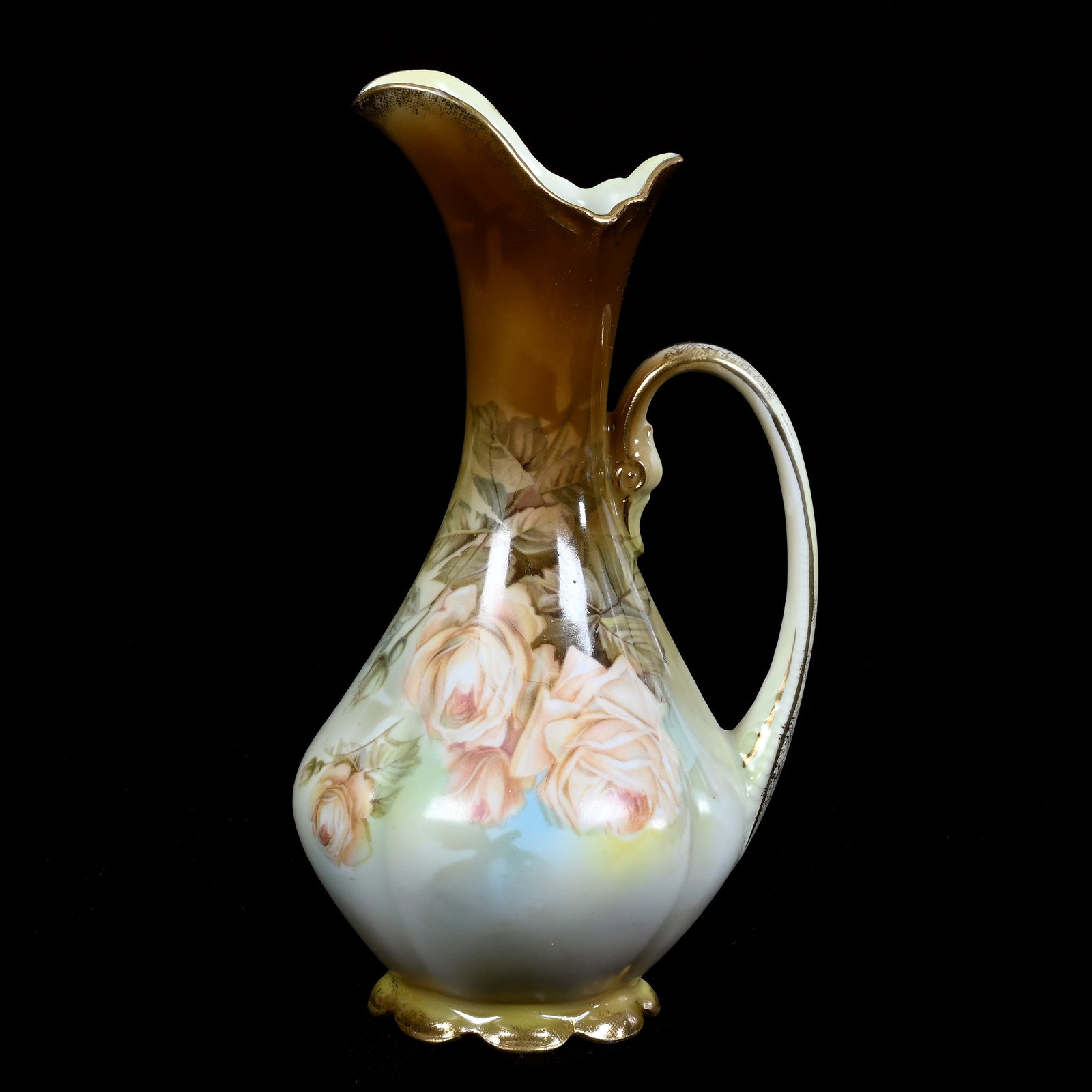 Ewer, Marked R.S. Prussia, Green and Yellow Tones With Soft Pink Rose Decor: Ewer, Marked R.S. Prussia, Green and Yellow Tones With Soft Pink Rose Decor, 8.25" x 4.25", Christine And The Late Bob Welter Collection, Texas.