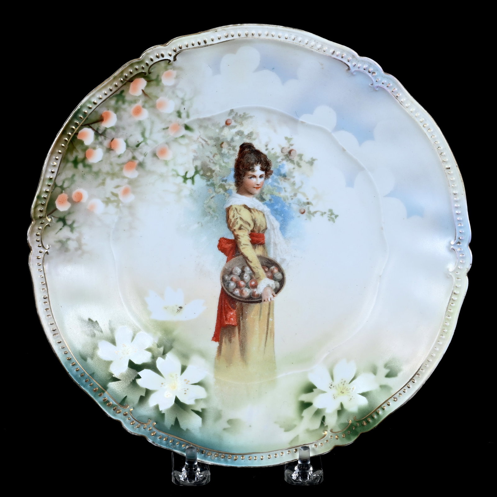 Plate, Marked R.S. Prussia, Charmers With Apples Scenic Decor: Plate, Marked R.S. Prussia, Charmers With Apples Scenic Decor, 8.75", Satin Finish, Christine And The Late Bob Welter Collection, Texas.