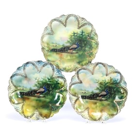 (3) Plates, Marked R.S. Prussia, Peacock Scenic Decor