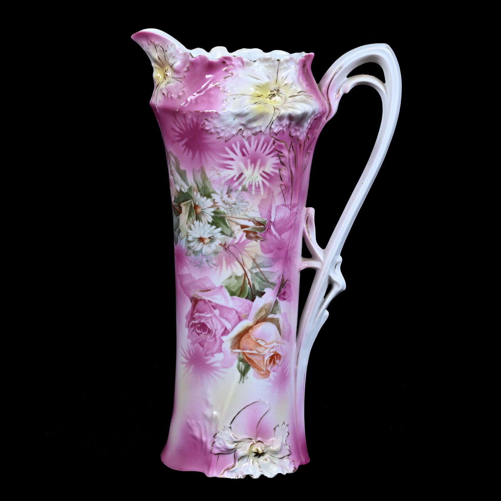 Tankard, Marked R.S. Prussia, Carnation Mold: Tankard, Marked R.S. Prussia, Carnation Mold, 13.25" x 8", Pink, Yellow, And White Tones With Floral Decor, Christine And The Late Bob Welter Collection, Texas.