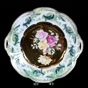 Two Handled Cake Plate, Marked R.S. Prussia, Gold Luster Background With Rose Decor