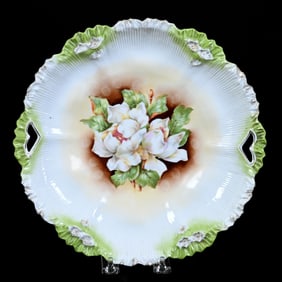 Two Handled Cake Plate, Marked R.S. Prussia, Magnolia Decor