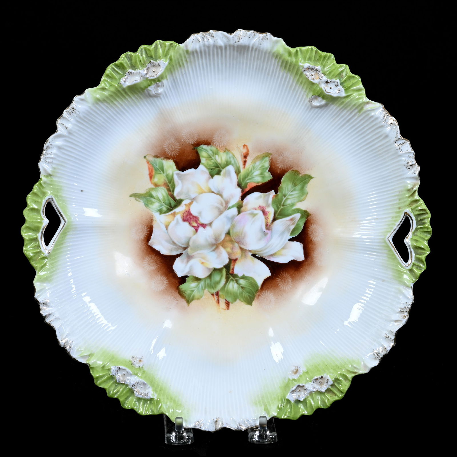 Two Handled Cake Plate, Marked R.S. Prussia, Magnolia Decor (1 of 2)