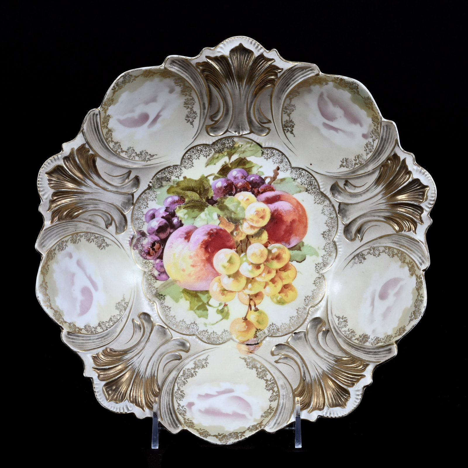 Bowl, Marked R.S. Prussia, Cream and Gray Satin Finish: Bowl, Marked R.S. Prussia, Cream and Gray Satin Finish, 10.75", Fruit Decor, Gold Highlights, Christine And The Late Bob Welter Collection, Texas.