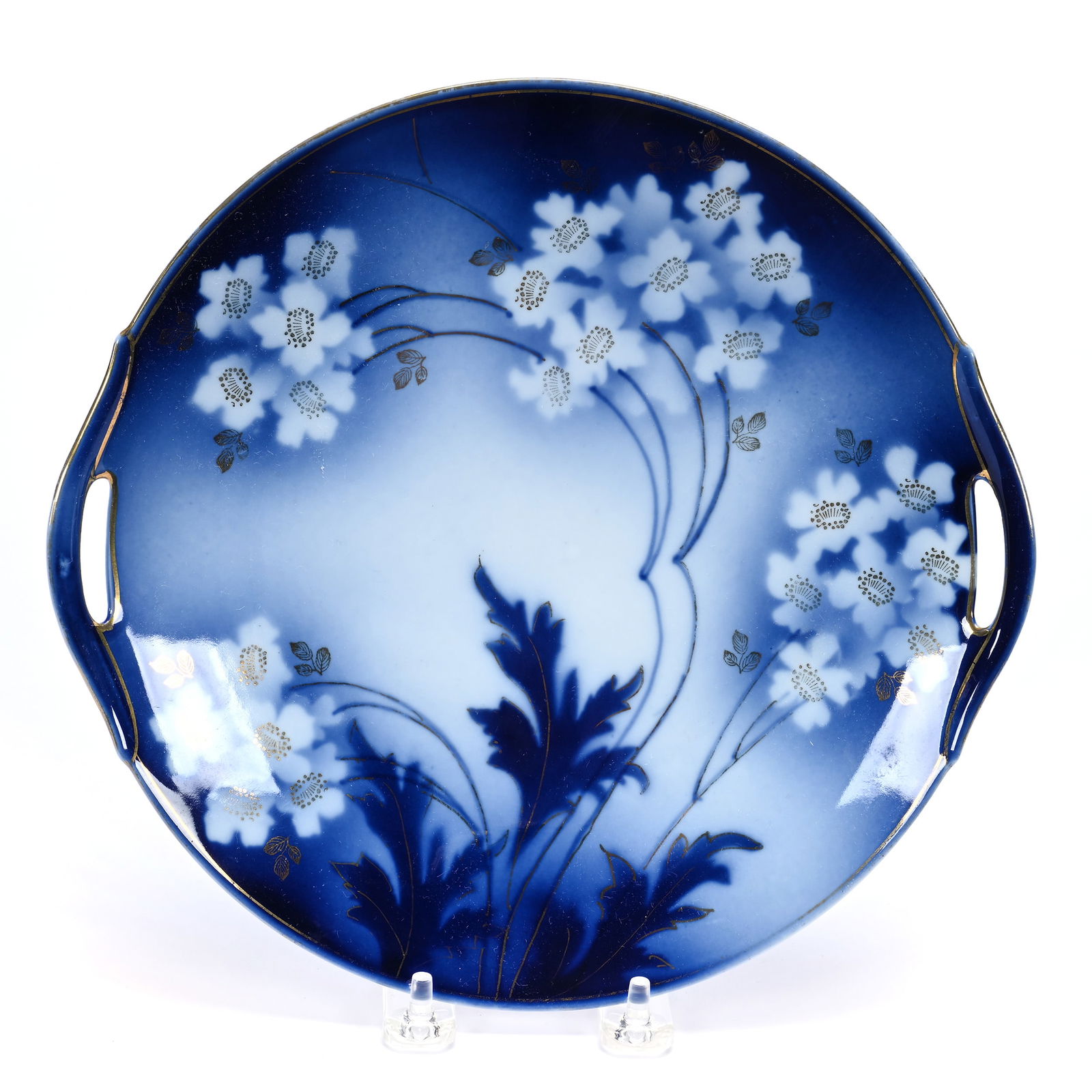 Two Handled Cake Plate, Marked R.S. Germany, Cobalt Blue With White Blossom Decor (1 of 2)