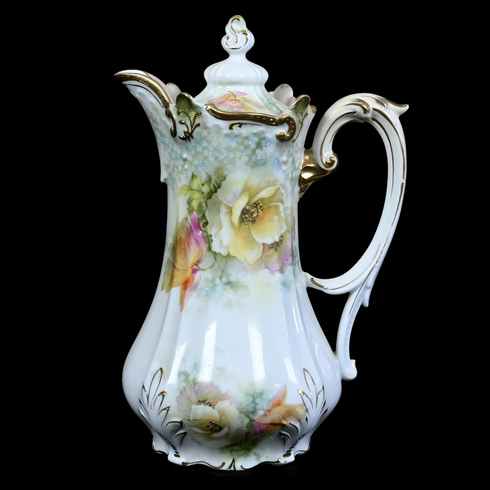 Chocolate Pot, Green, Yellow, and White Tones With Poppy Decor: Chocolate Pot, Green, Yellow, and White Tones With Poppy Decor, 9.75" x 6.5", Nice Gold Trim Highlights, Christine And The Late Bob Welter Collection, Texas.