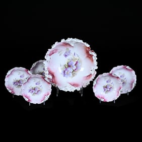 Berry Set, Marked R.S. Steeple (Master Bowl Unmarked), Pink and White Tones With Violet Decor