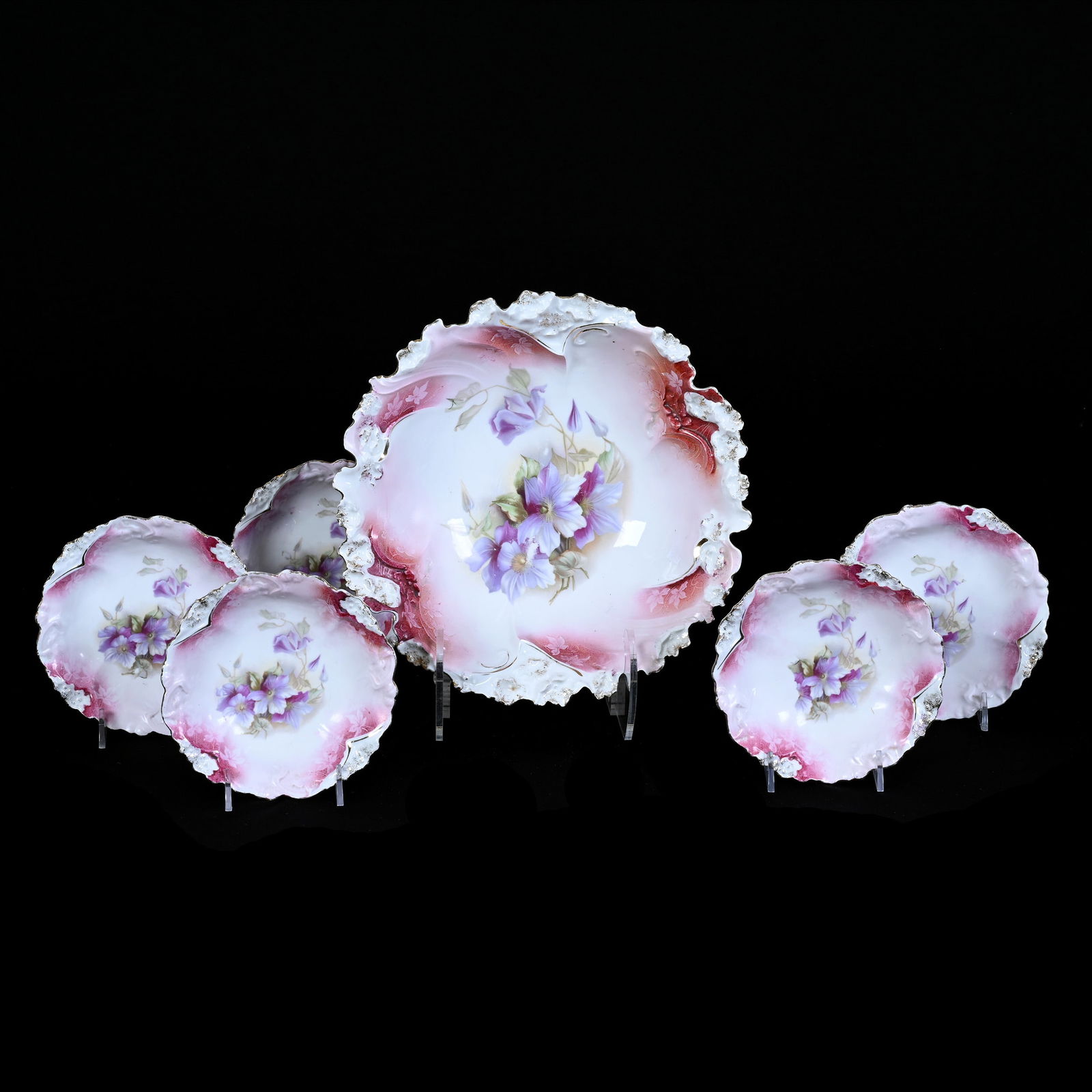 Berry Set, Marked R.S. Steeple (Master Bowl Unmarked), Pink and White Tones With Violet Decor (1 of 3)