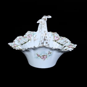 Basket, Marked R.S. Prussia, White With Pink Rose Decor, and Green Laurel Wreath Highlights