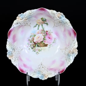 Bowl, Unmarked R.S. Prussia, Pink, Yellow, and Blue Tones With Hanging Basket Decor