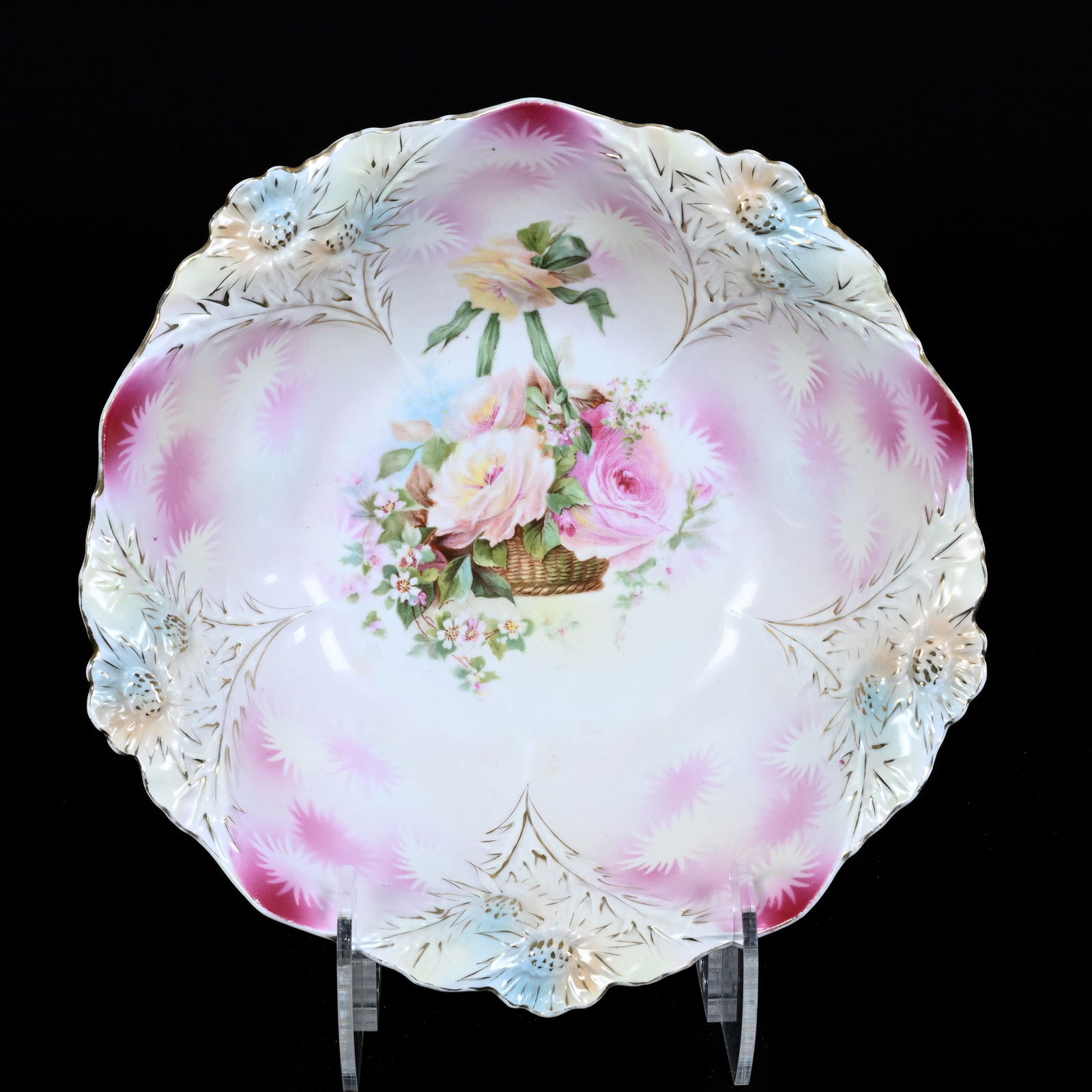 Bowl, Unmarked R.S. Prussia, Pink, Yellow, and Blue Tones With Hanging Basket Decor (1 of 2)