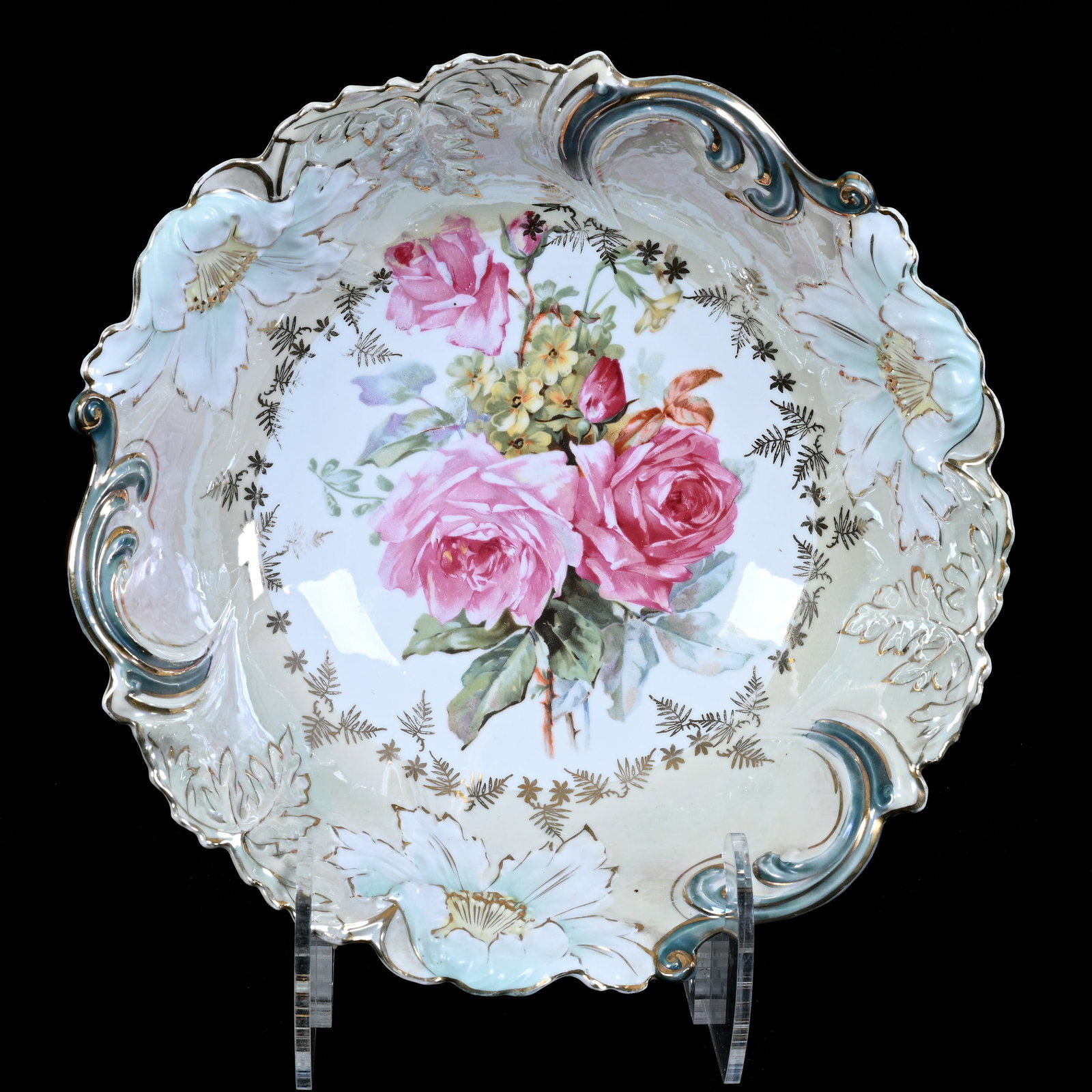 Bowl, Marked Saxe Altenburg, Poppy Variation Mold: Bowl, Marked Saxe Altenburg, Poppy Variation Mold, 10.5", White Center With Green Border, Rose Decor, Luster Finish, Christine And The Late Bob Welter Collection, Texas.