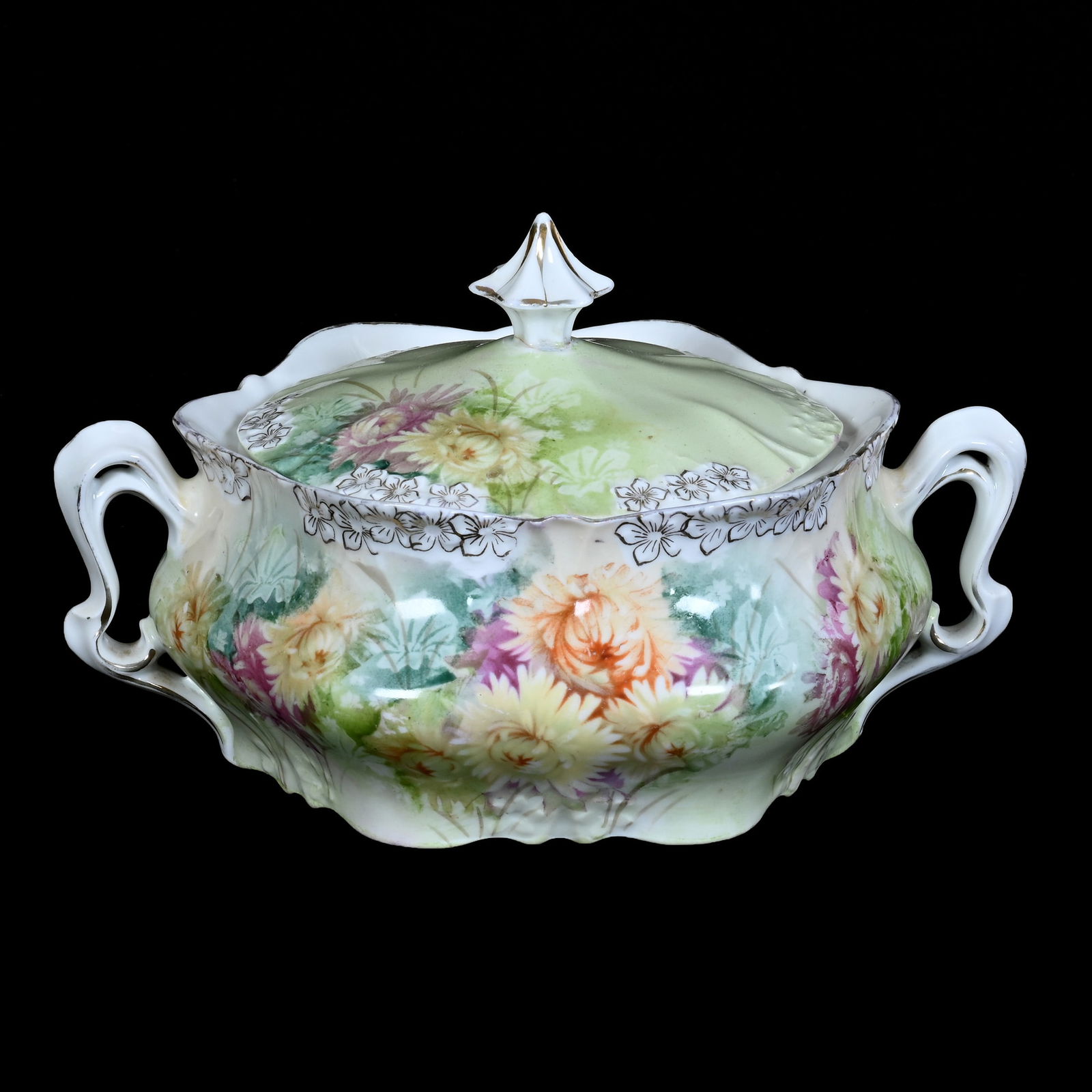 Two Handled Cracker Jar, Unmarked R.S. Prussia, Green and Cream Tones (1 of 4)