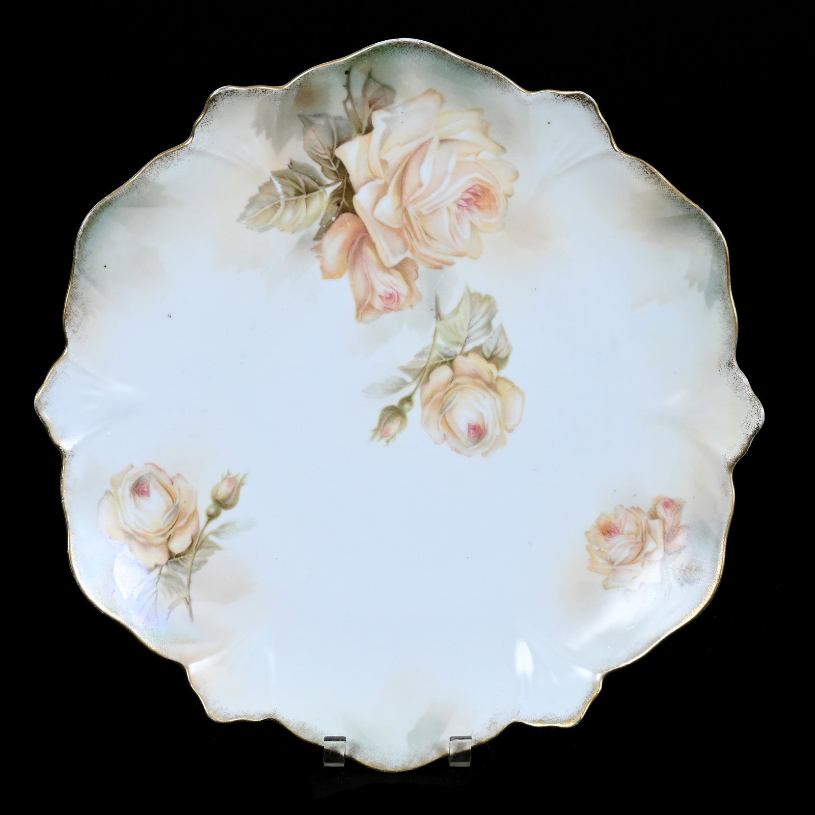 Plate, Marked R.S. Prussia, Green, Cream, and White Satin Finish: Plate, Marked R.S. Prussia, Green, Cream, and White Satin Finish, 9", Rose Decor, Rim Repair, Christine And The Late Bob Welter Collection, Texas.