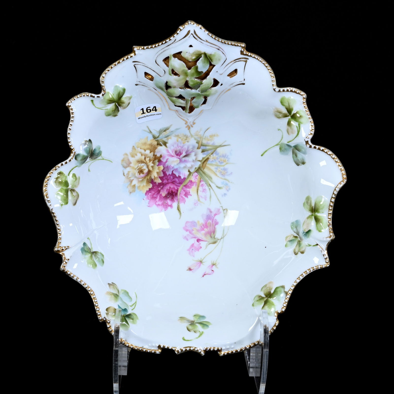 Tear Drop Shaped Bowl, Crown Versa Type Mark, White With Floral Cut Out Featuring Gold Background (1 of 2)