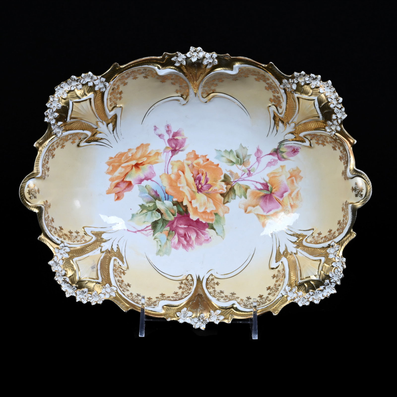 Bread Bowl, Unmarked R.S. Prussia, White With Cream Border: Bread Bowl, Unmarked R.S. Prussia, White With Cream Border, 11.5" x 9.25", Floral Decor, Extensive Gold Highlights, Christine And The Late Bob Welter Collection, Texas.