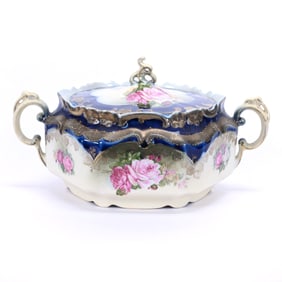 Two Handled Cracker Jar, Marked R.S. Prussia, Cream With Cobalt Blue Border
