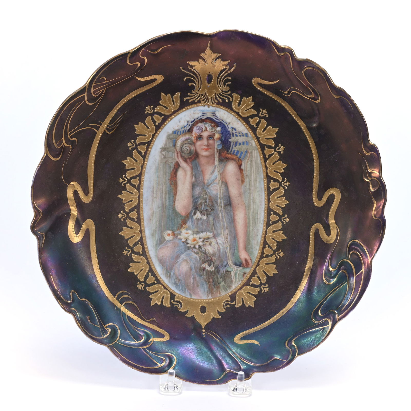 Charger, Marked Prov Saxe, Heavy Iridescent Bronze Background (1 of 2)