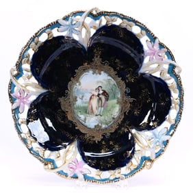 Plate, Unmarked Crown Versa, Cobalt Blue With Courting Scene Decor