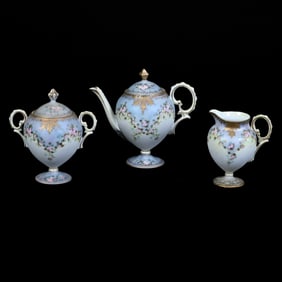Three Piece Tea Set, Marked R.S. Prussia, Blue and Yellow Satin Finish With Pink Rose Decor