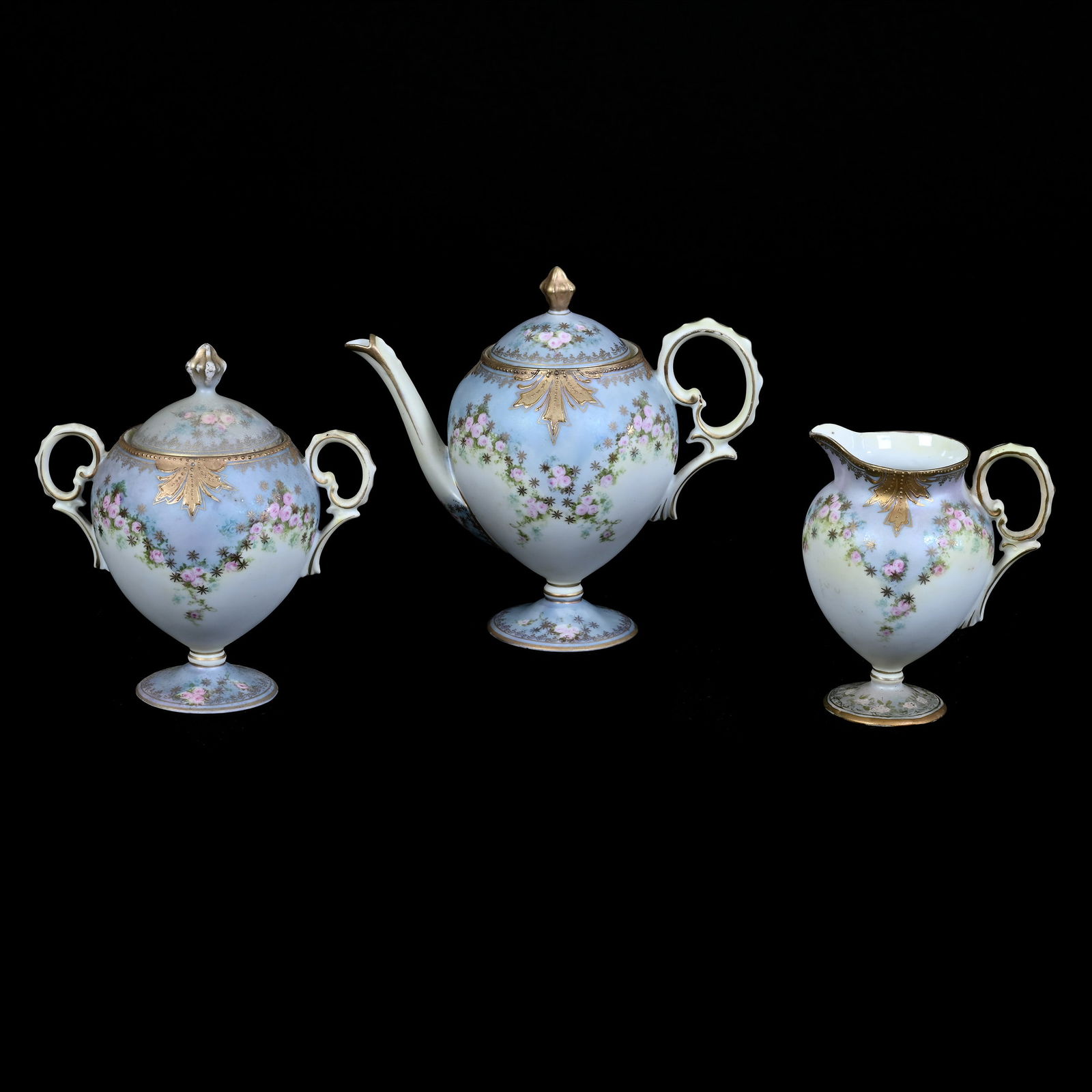 Three Piece Tea Set, Marked R.S. Prussia, Blue and Yellow Satin Finish With Pink Rose Decor (1 of 5)