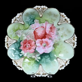 Plate, Marked R.S. Prussia, Green Tones With Pink Poppy Decor