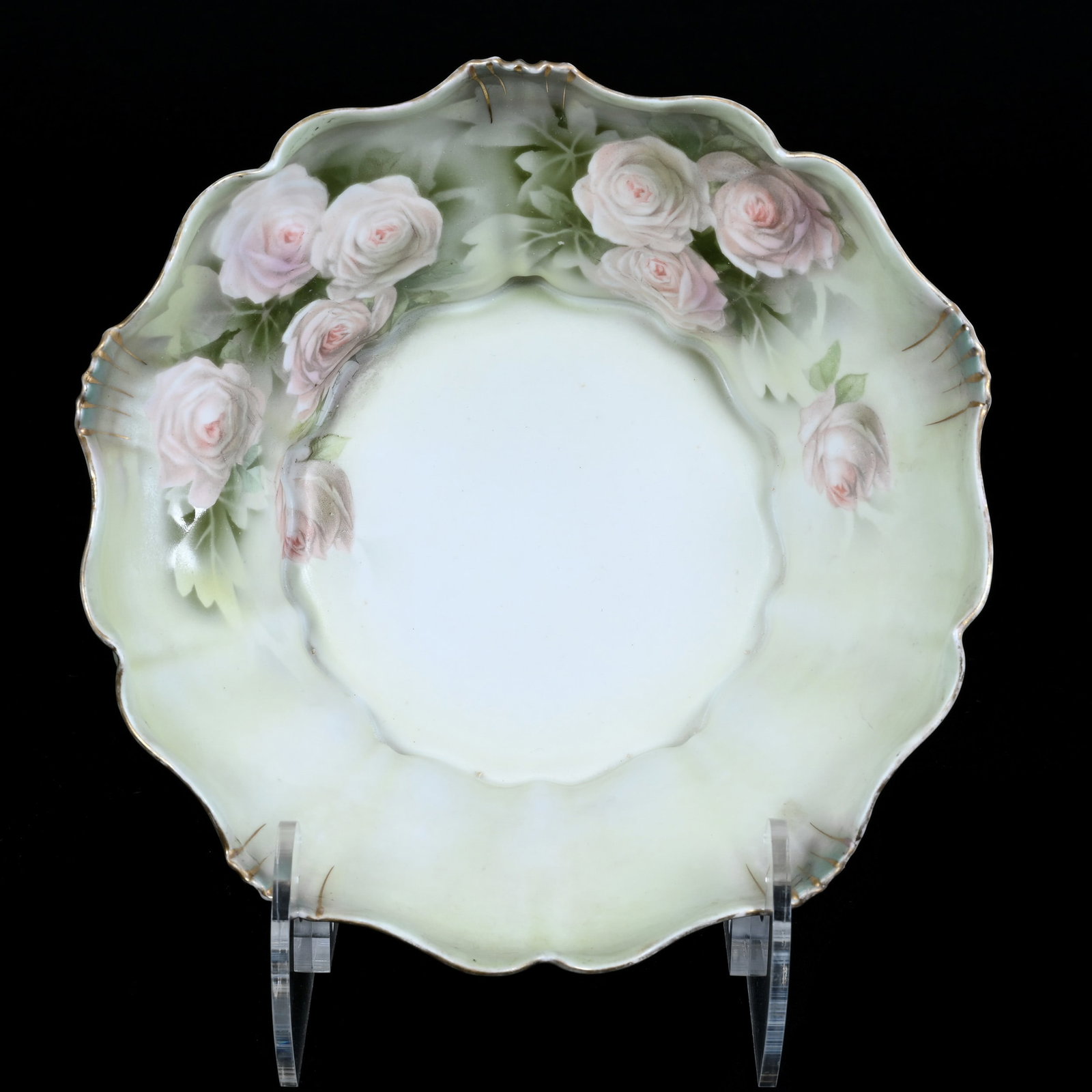 Bowl, Marked R.S. Prussia, Green and White Satin Finish With Soft Pink Rose Decor: Bowl, Marked R.S. Prussia, Green and White Satin Finish With Soft Pink Rose Decor, 9.25", Christine And The Late Bob Welter Collection, Texas.