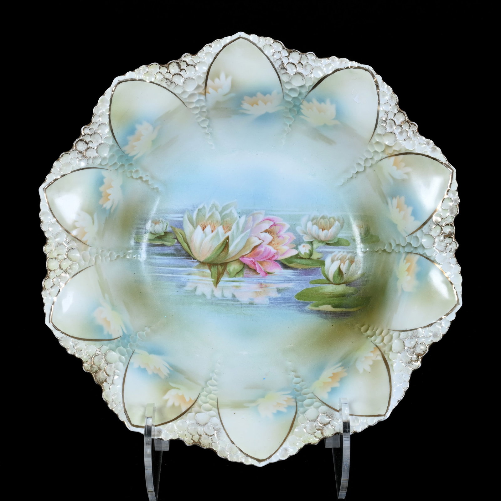 Bowl, Unmarked R.S. Prussia, Cream, Blue, and Green Tones: Bowl, Unmarked R.S. Prussia, Cream, Blue, and Green Tones, 11", Water Lily Decor, Christine And The Late Bob Welter Collection, Texas.