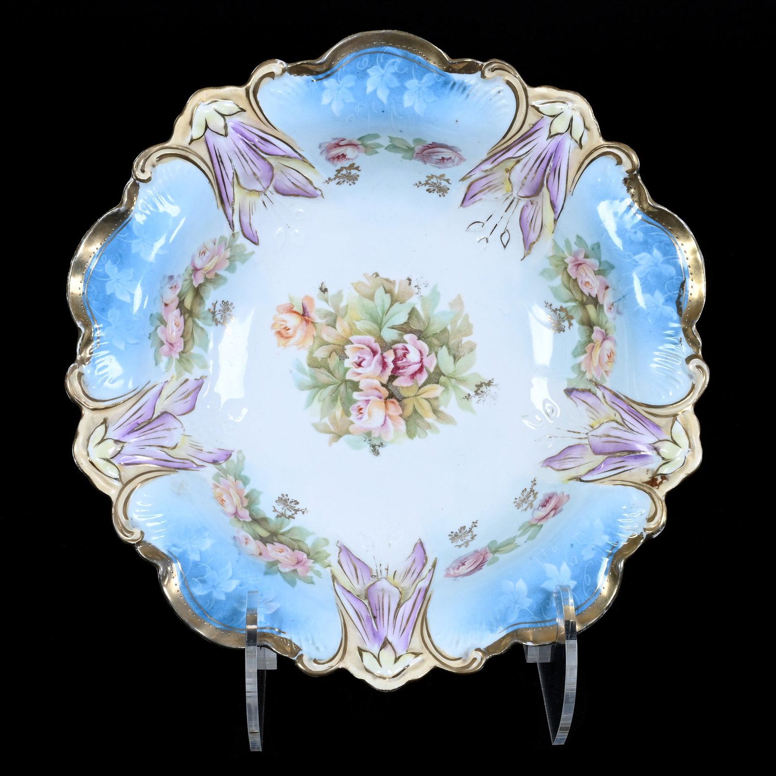 Bowl, Unmarked R.S. Prussia, Floral Mold: Bowl, Unmarked R.S. Prussia, Floral Mold, 10.5", Blue, White, Lavender, And Yellow Tones, Rose Decor, Rim Nick, Christine And The Late Bob Welter Collection, Texas.