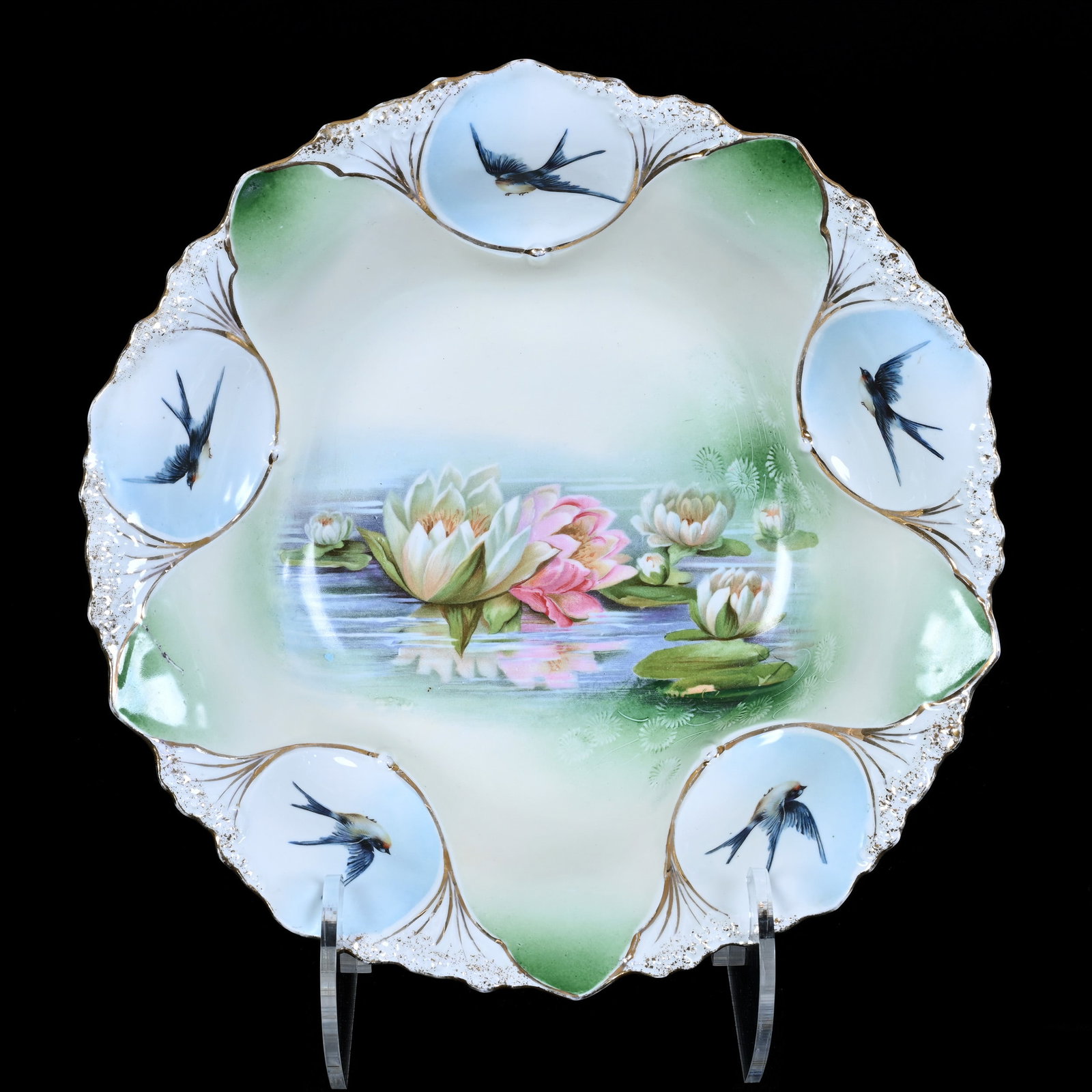 Bowl, Marked Wheelock Prussia, Cream, Green, and Blue Tones: Bowl, Marked Wheelock Prussia, Cream, Green, and Blue Tones, 10.75", Water Lily Decor, Bluebird Medallions, Christine And The Late Bob Welter Collection, Texas.