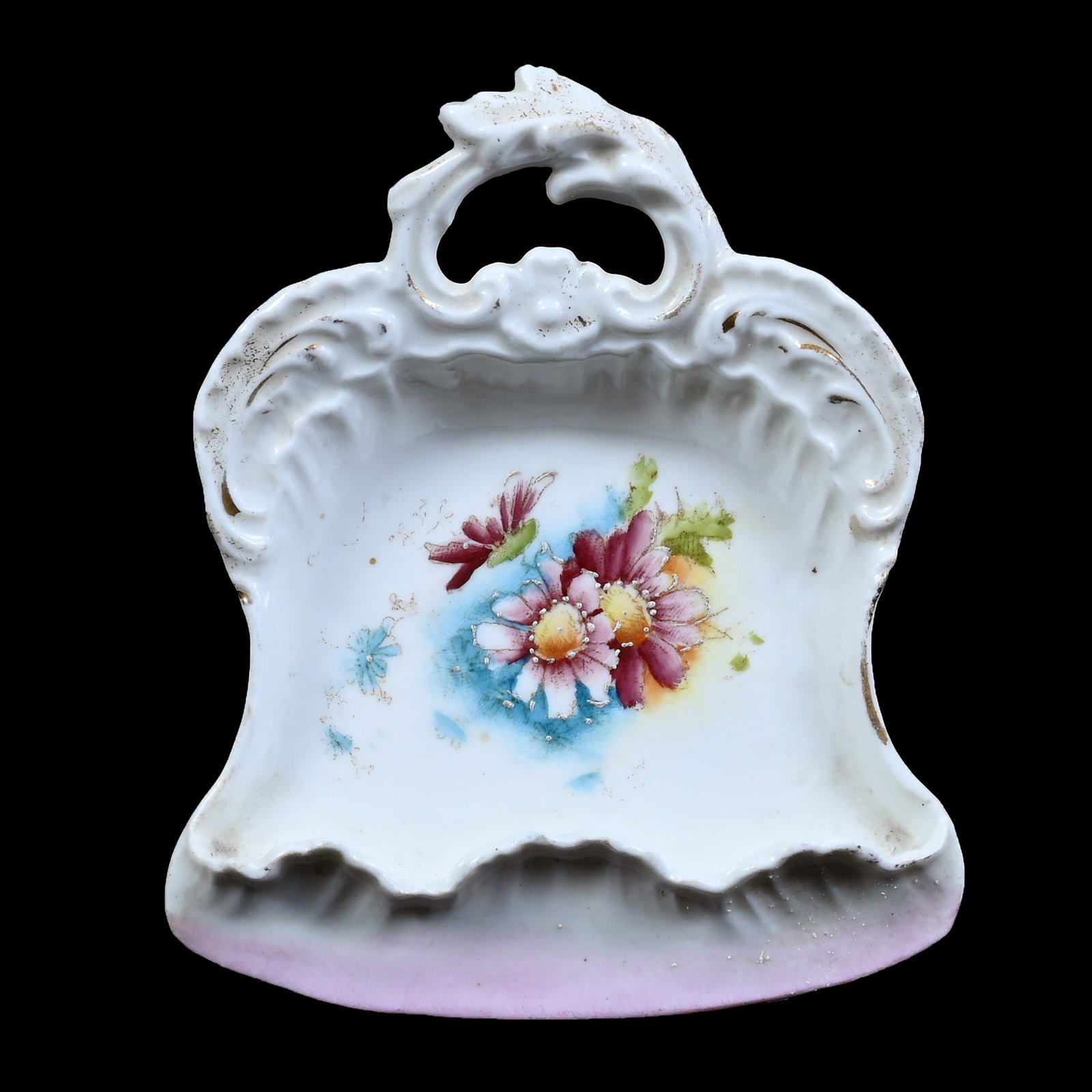Wall Mount Dust Pan Shaped Match Holder, Unmarked R.S. Prussia: Wall Mount Dust Pan Shaped Match Holder, Unmarked R.S. Prussia, 4.5" x 3.5", Pink, Blue, And White Tones With Floral Decor, Christine And The Late Bob Welter Collection, Texas.