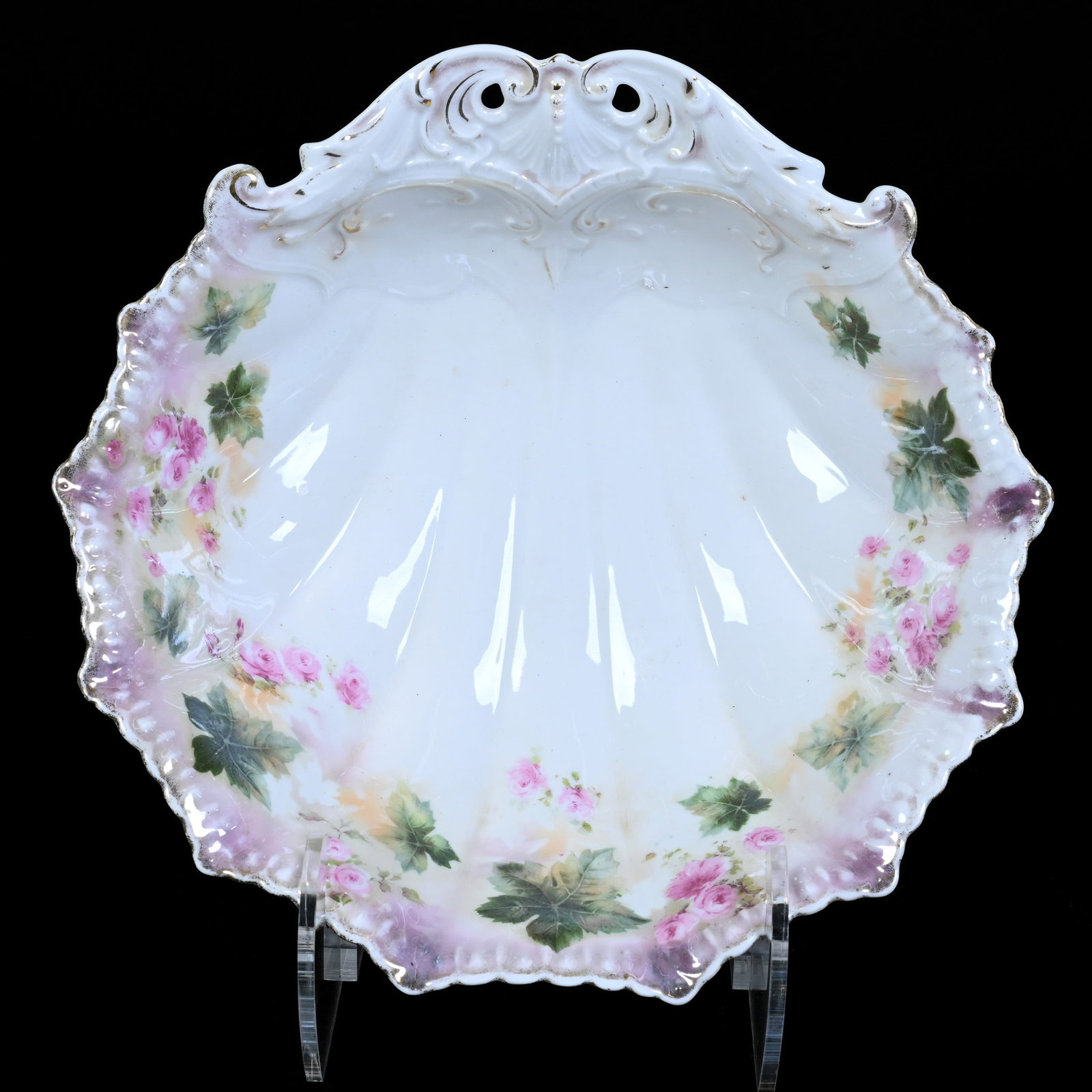 Bowl, Marked R.S. Prussia, Shell Mold, White and Lavender Luster Finish: Bowl, Marked R.S. Prussia, Shell Mold, White and Lavender Luster Finish, 10.25", Pink Rose And Green Leaf Decor, Christine And The Late Bob Welter Collection, Texas.