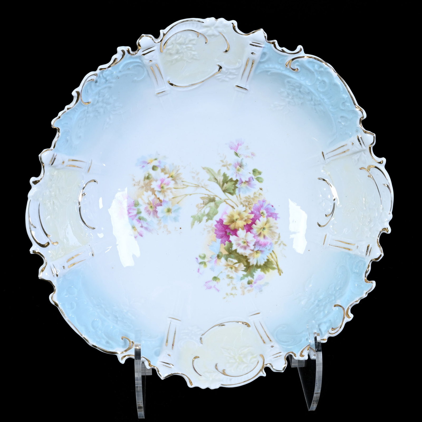 Bowl, Unmarked R.S. Prussia, Garden Gate Mold, Floral Decor: Bowl, Unmarked R.S. Prussia, Garden Gate Mold, Floral Decor, 10.5", Blue, Yellow, And White Tones, Christine And The Late Bob Welter Collection, Texas.