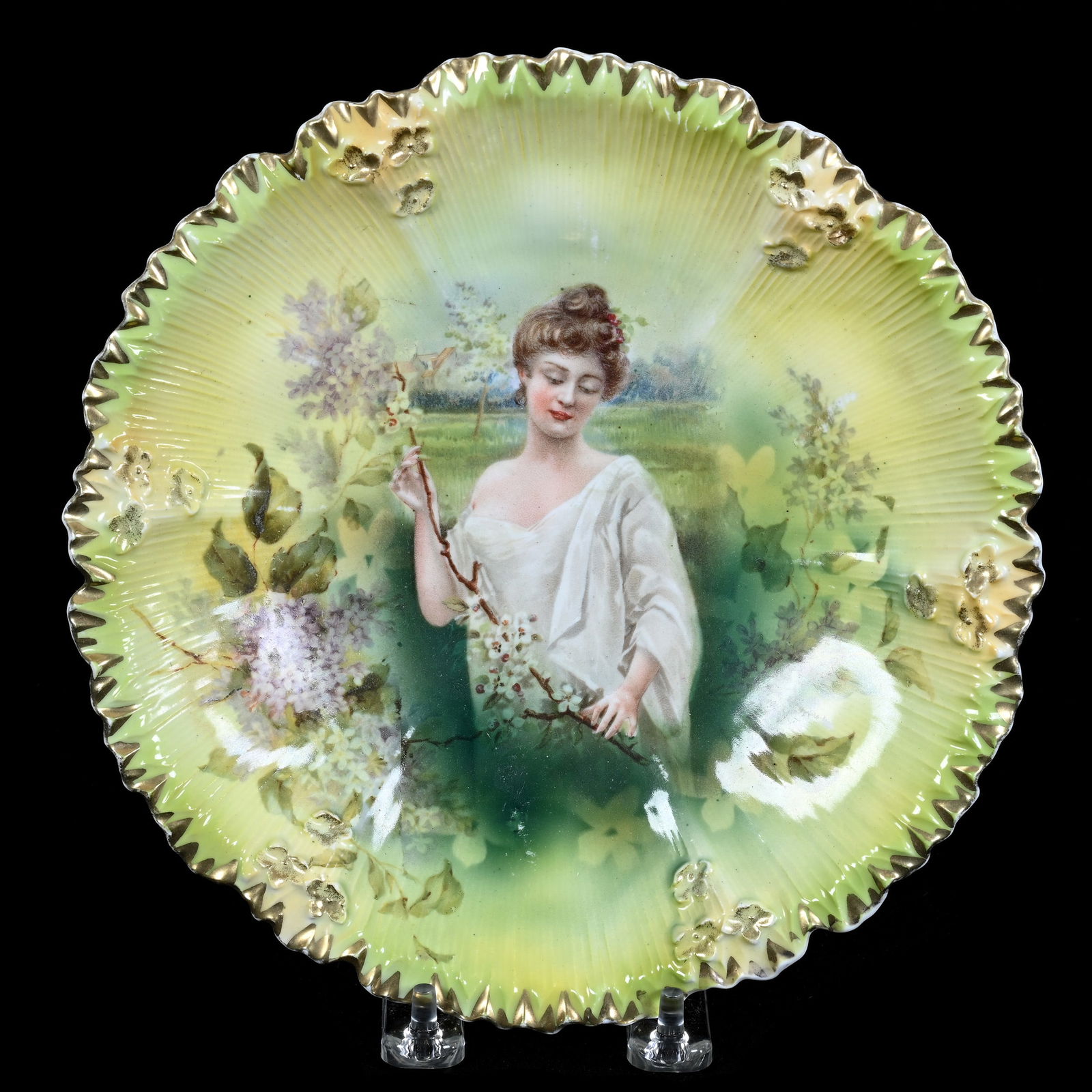 Plate, Marked R.S. Prussia, Spring Season Portrait Decor, Green and Yellow Ground (1 of 3)