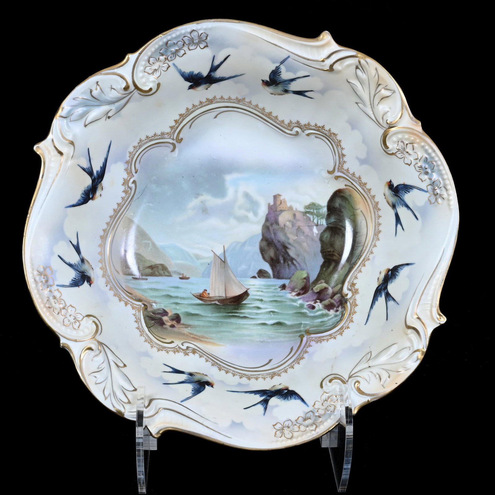 Bowl, Marked R.S. Prussia, Magnificent Old Man and The Mountain and Bluebird Scenic Decor: Bowl, Marked R.S. Prussia, Magnificent Old Man and The Mountain and Bluebird Scenic Decor, 10.75", Cream And Lavender Satin Finish, Nearly Impossible To Find Faint Hairline On Rim, Christine And The L