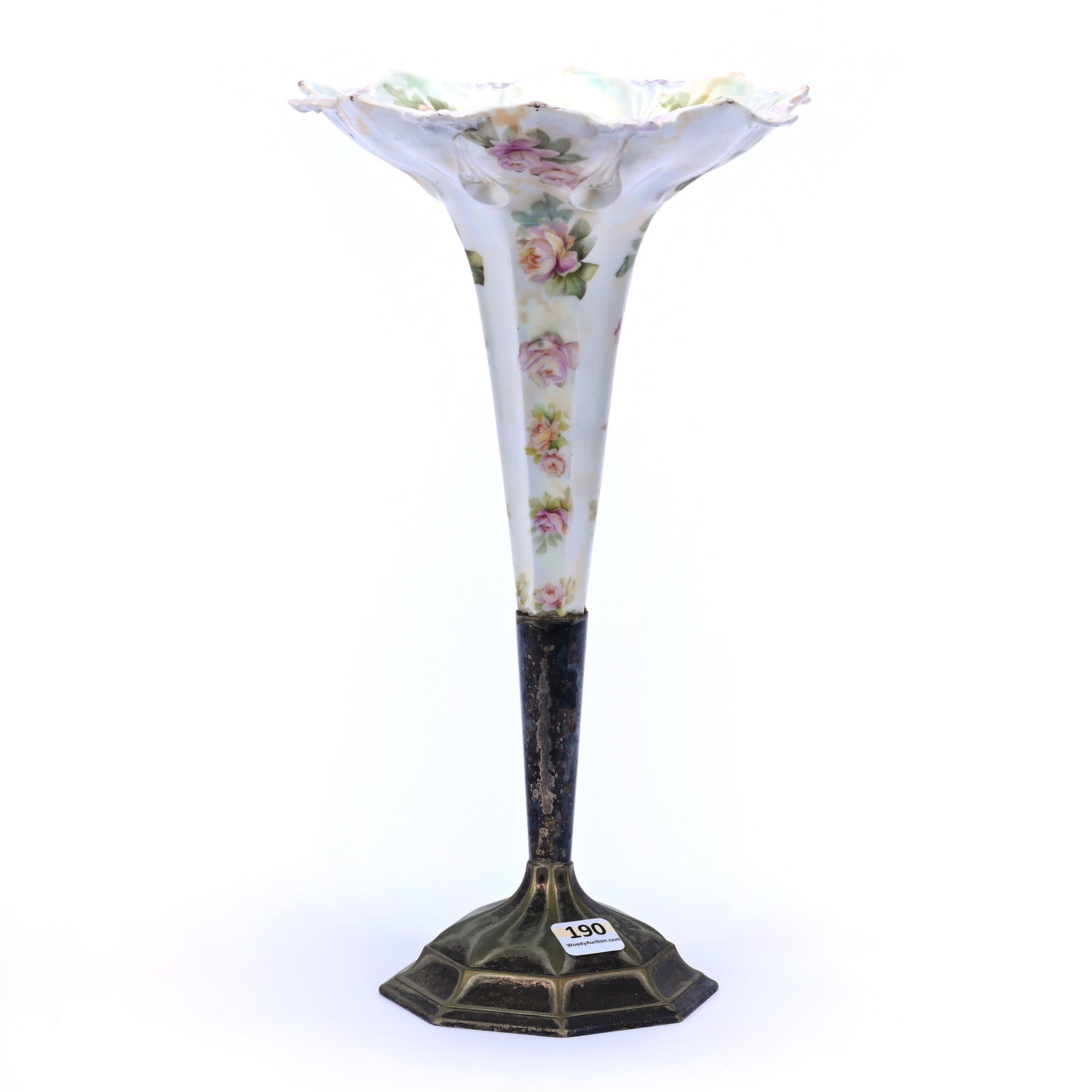 Rare Form Epergne Lily, Unmarked R.S. Prussia: Rare Form Epergne Lily, Unmarked R.S. Prussia, 12.5" x 7", White, Green, Cream, And Lavender Satin Finish, Pink Rose Decor, Mounted On Silver Plate Base, Heavy Silver Plate Tarnish, Christine And The 