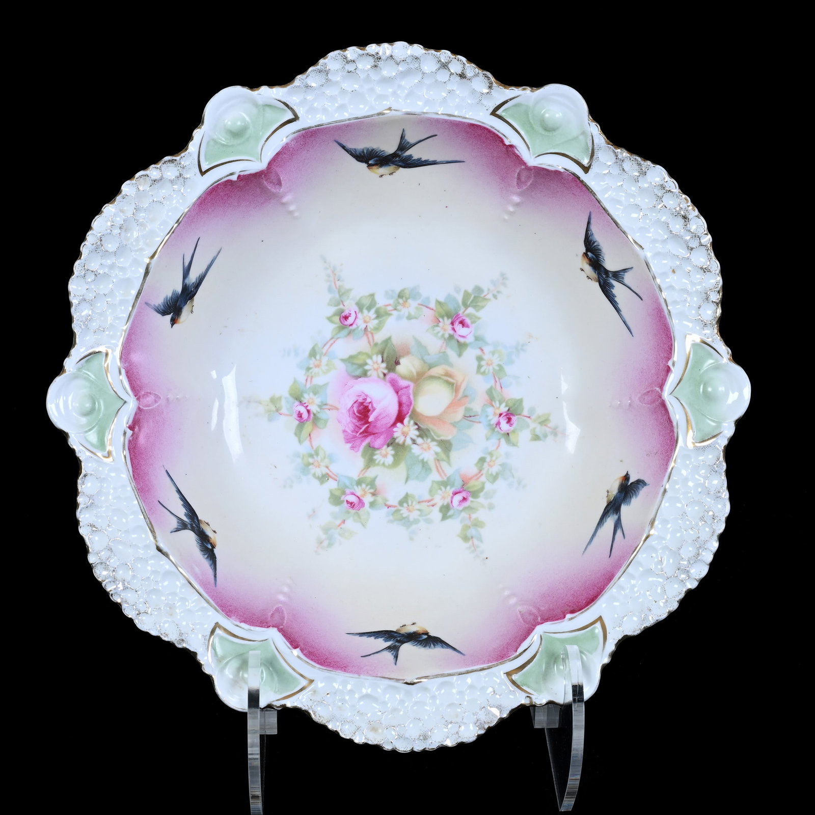 Bowl, Marked R.S. Prussia, Cream, Pink, Green, and White Tones: Bowl, Marked R.S. Prussia, Cream, Pink, Green, and White Tones, 10.75", Rose Decor And Bluebird Highlights, Christine And The Late Bob Welter Collection, Texas.