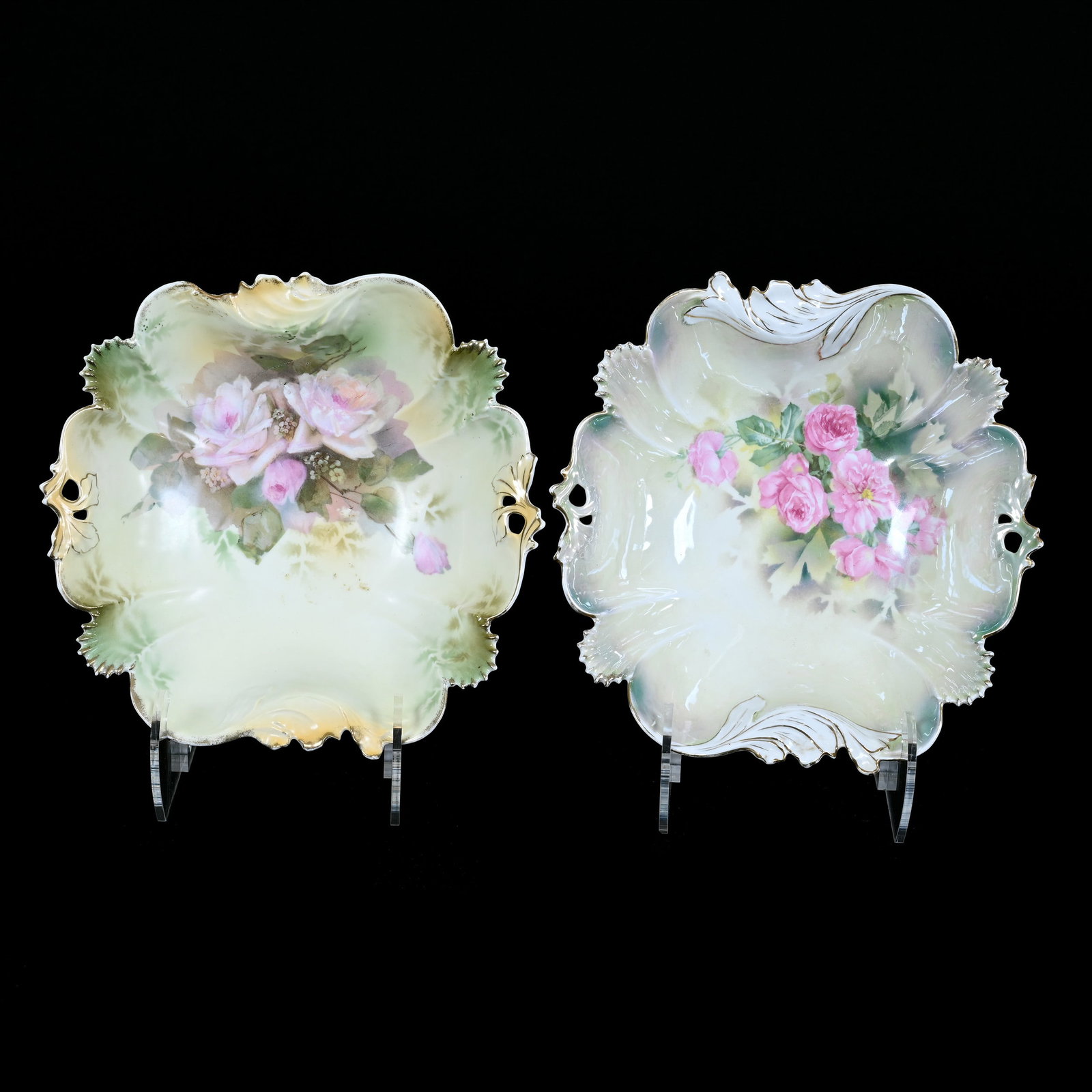 (2) Square Bowls, Marked R.S. Prussia, Identical Unique Molds: (2) Square Bowls, Marked R.S. Prussia, Identical Unique Molds, 10", (1) Green And White Luster Finish With Pink Rose Decor, (1) Cream And Green With Pink Rose Decor, Christine And The Late Bob Welter 