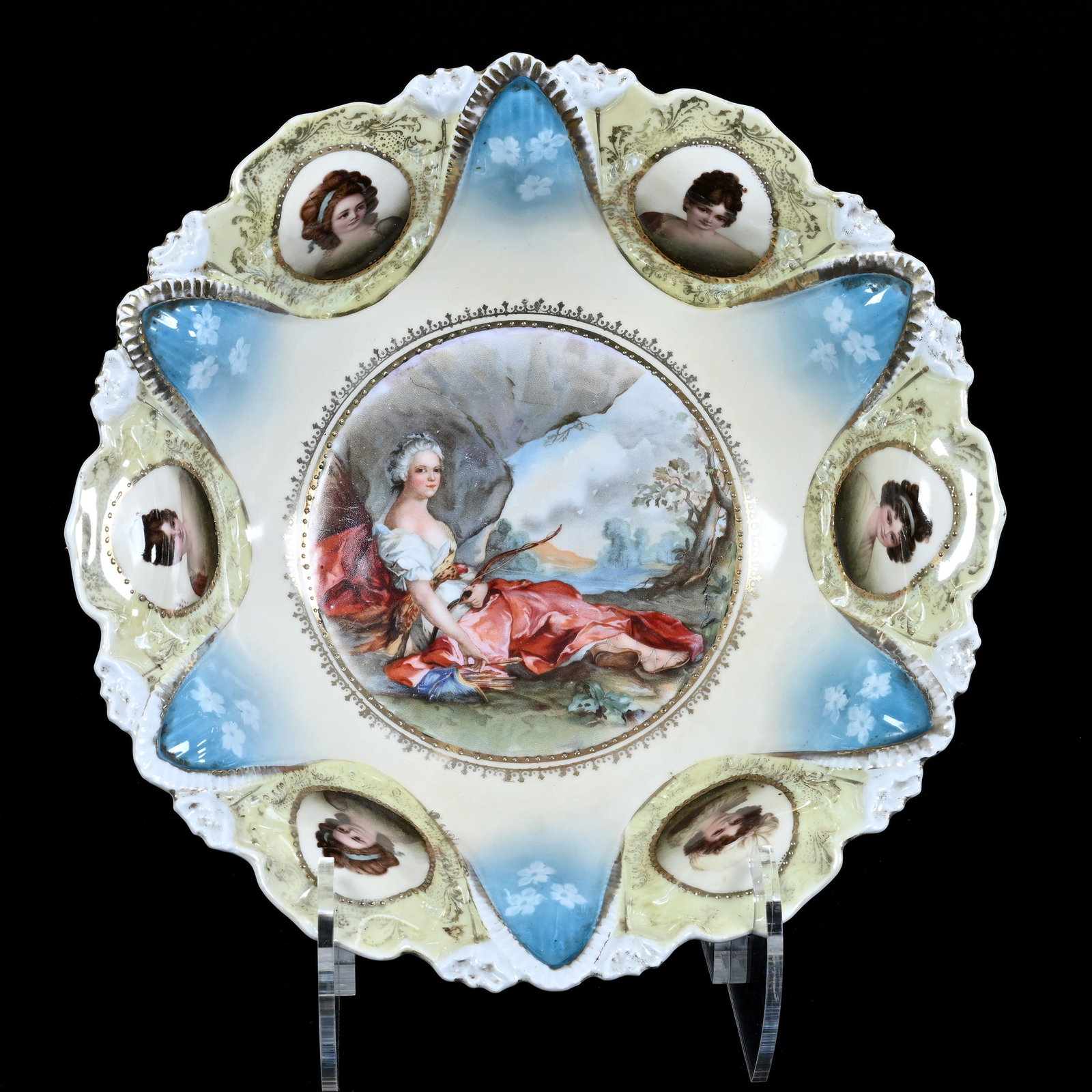 Bowl, Marked R.S. Prussia, Cream and Blue Tones With Diana The Huntress Center: Bowl, Marked R.S. Prussia, Cream and Blue Tones With Diana The Huntress Center, 10.5", Six Medallion Portraits Featuring Potocka, Recamier, Lebrun With Hat, And Lebrun With Ribbon, Christine And The L