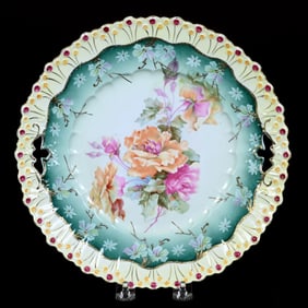 Two Handled Cake Plate, Unmarked R.S. Prussia, Lollipop Mold