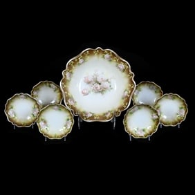 Berry Set, Marked R.S. Prussia, Yellow, Green, and Brown Tones With Soft Pink Rose Decor