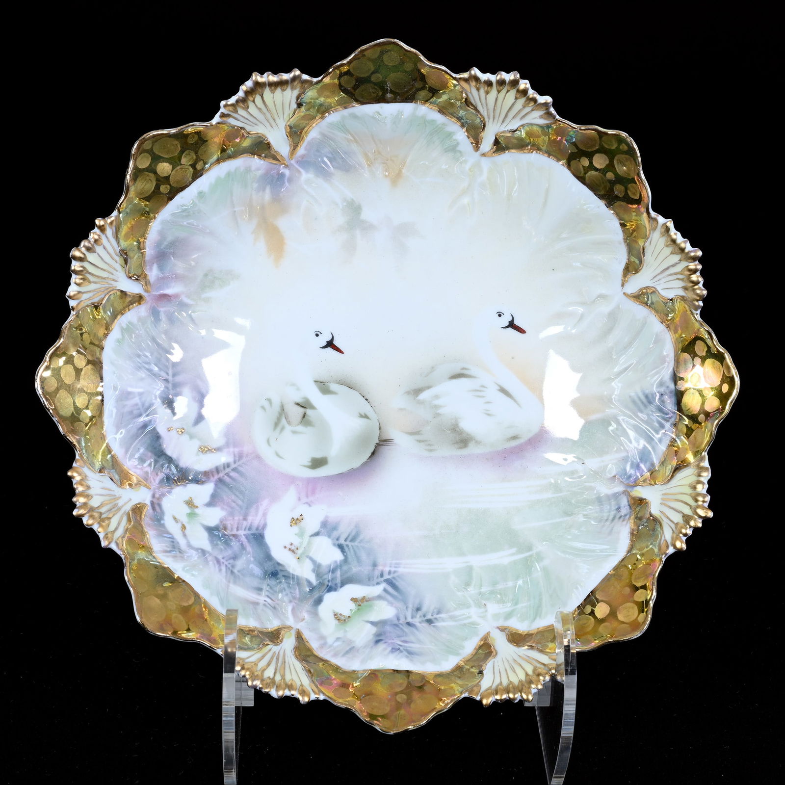 Bowl, Unmarked R.S. Prussia, Stylized Swan Luster Finish With Iridescent Gold Border (1 of 2)