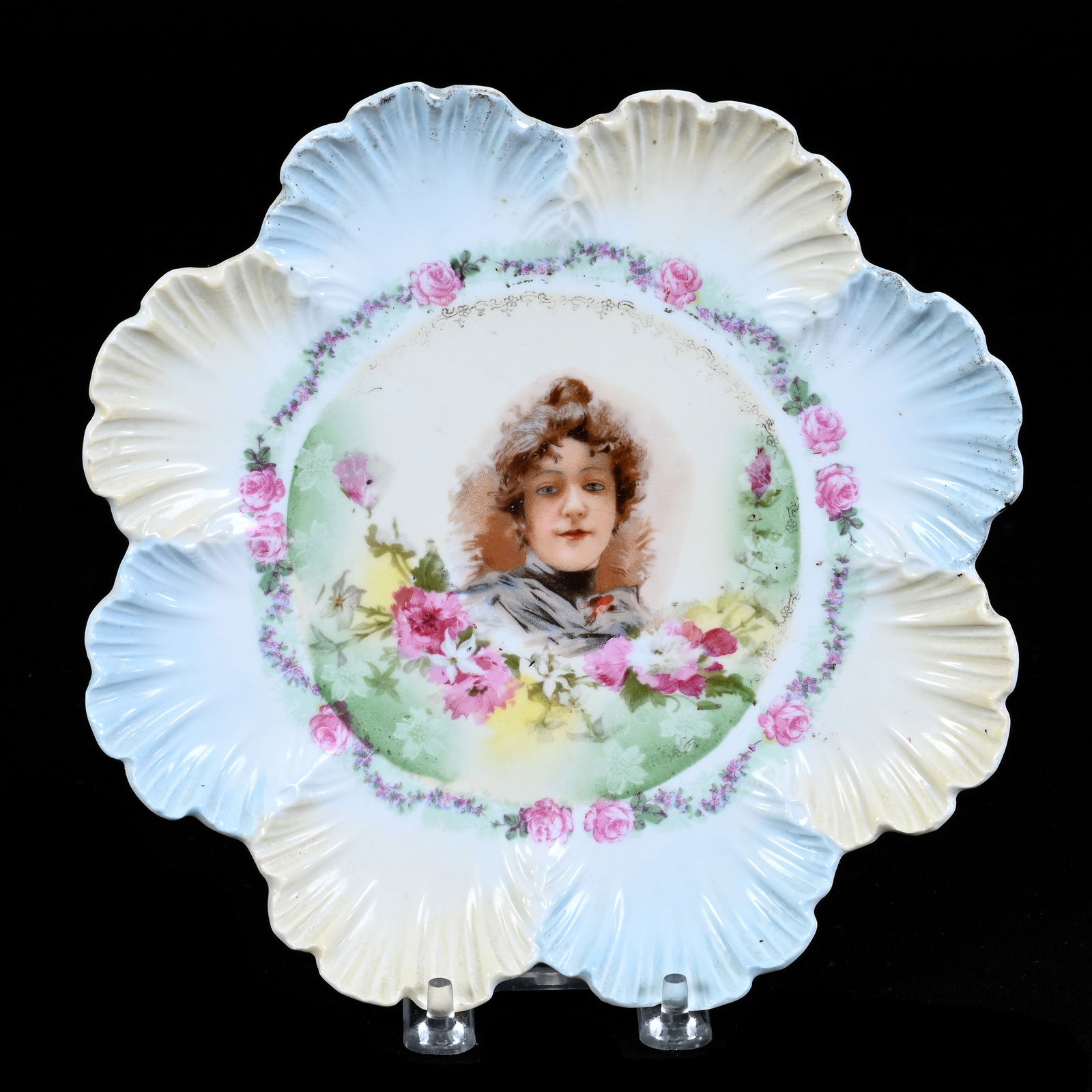 Plate, Unmarked R.S. Prussia, Scalloped Mold, Flossie Decor: Plate, Unmarked R.S. Prussia, Scalloped Mold, Flossie Decor, 8.25", Cream, Green, And Blue Tones, Christine And The Late Bob Welter Collection, Texas.